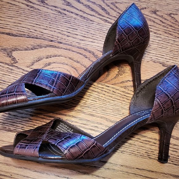 Ralph Lauren Chaps Women's 8.5 Brown Leather Pumps Croc Peep Toe Heels - Picture 2 of 8